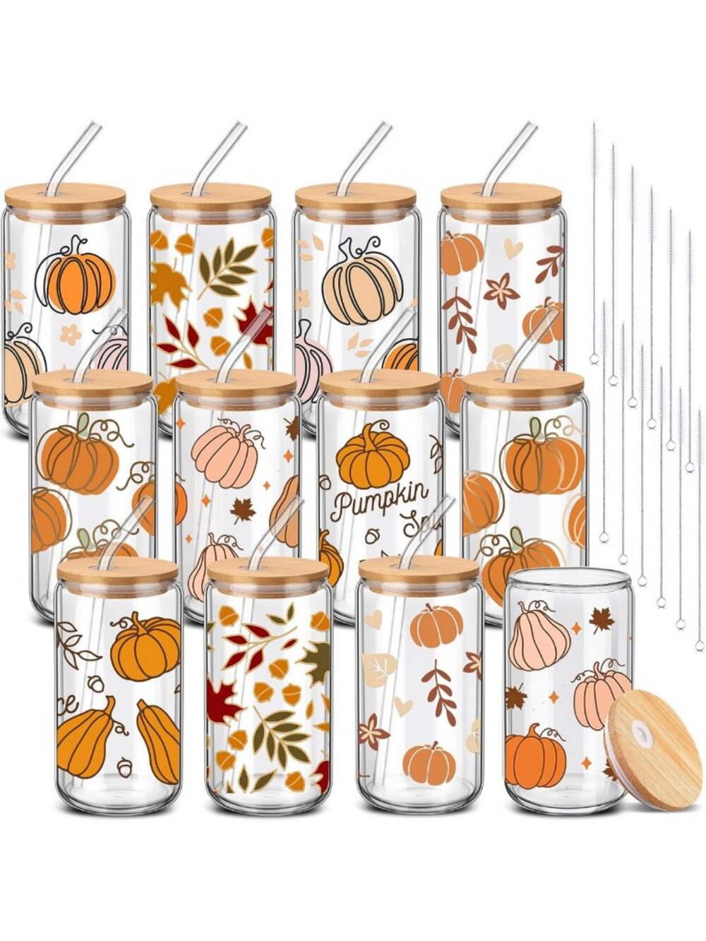 12 Pcs Autumn Pumpkin Glass Cups with Lids & Straws - Cozy Fall Tumblers, Gifts